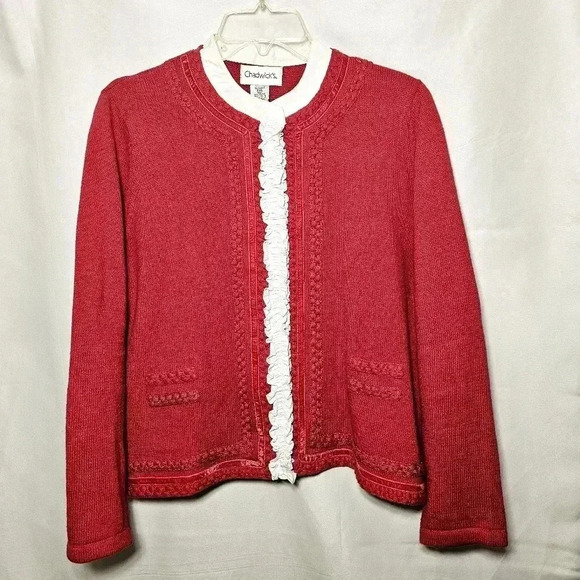 Vintage Chadwick's Womens Red Button-up Knit Sweater Mock White Blouse PXL - Picture 4 of 7